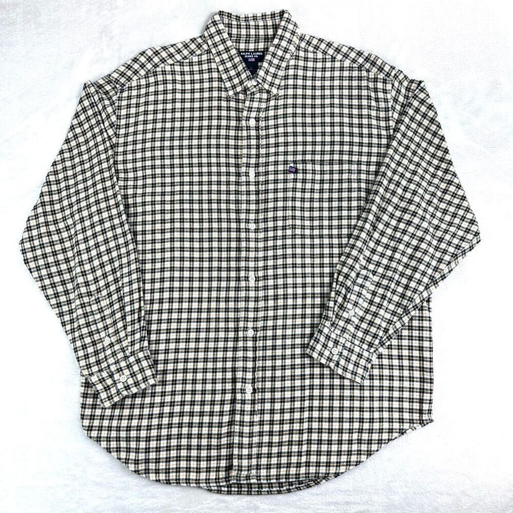 Ralph Lauren Jeans Co Shirt Mens Large Yellow‎ Black Plaid Flannel Button Up